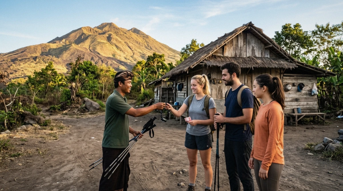 Guide and hikers at the trailhead where permits are handled, the first item in the Mount Batur sunrise hike cost, Kintamani, Bali