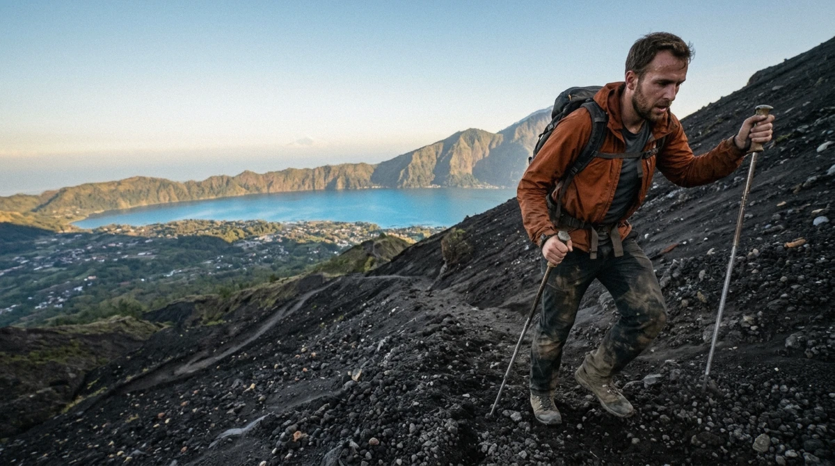 Hiker on the steep upper slope of the trail, showing the real Mount Batur hike difficulty near the crater rim, Kintamani, Bali