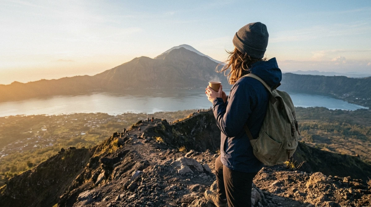 Hiker in a windproof jacket and beanie on the crater rim at dawn, showing what to wear for the Mount Batur sunrise hike, Bali
