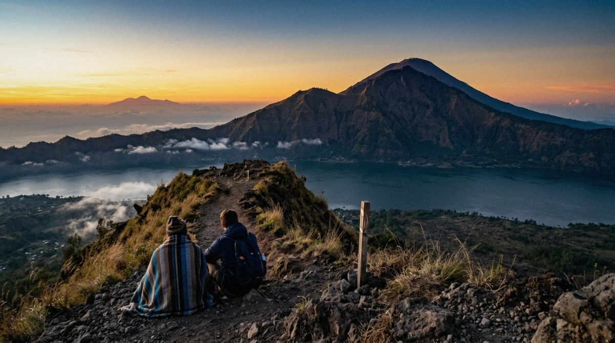 First light over Lake Batur and Mount Abang seen from the crater rim on a Mount Batur sunrise hike tour, Kintamani, Bali