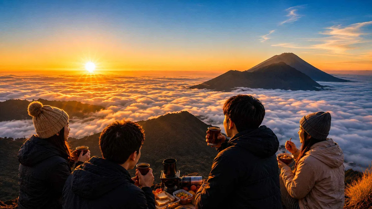 Volcanic steam rising from vents near the crater rim on a Mount Batur sunrise hike tour via the Kayu Padi route, Bali