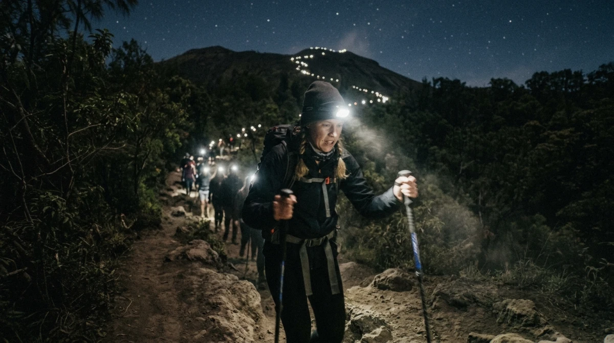 Line of head-torches climbing the dark forest section of the trail on an early Mount Batur sunrise hike tour, Bali